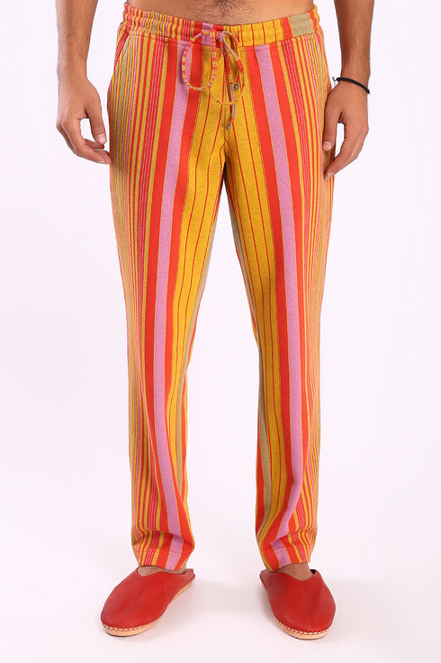 Straight leg pants in striped cotton blend jacquard with elastic waistband